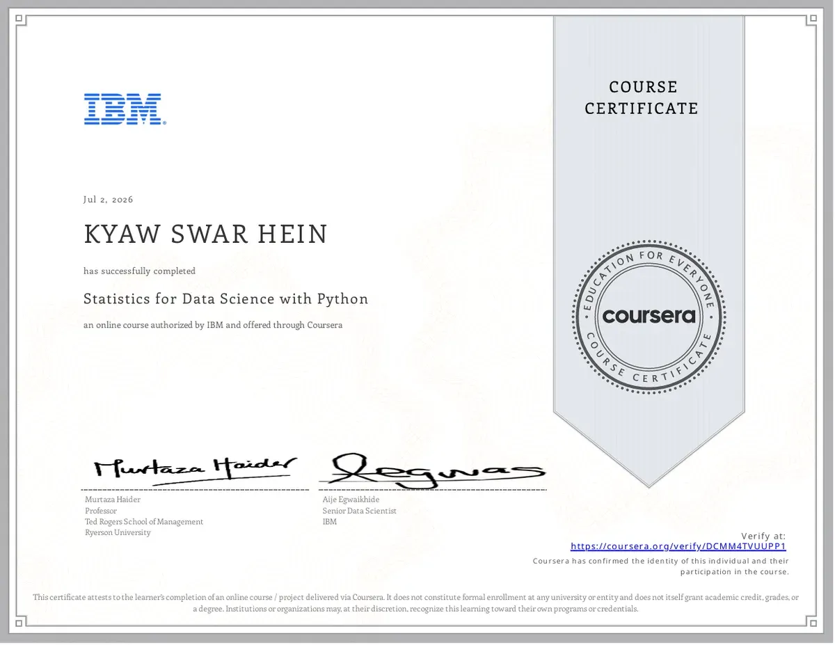 Statistics for Data Science with Python course certificate issued to Kyaw Swar Hein